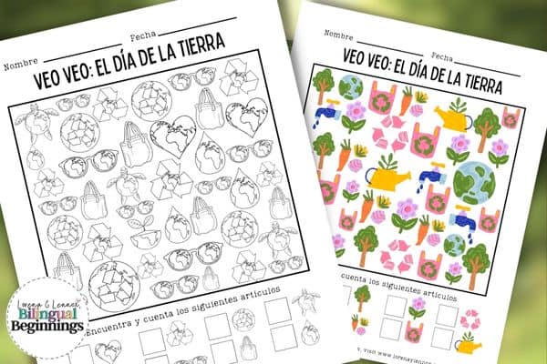 I Spy Earth Day Worksheet in Spanish for Kids