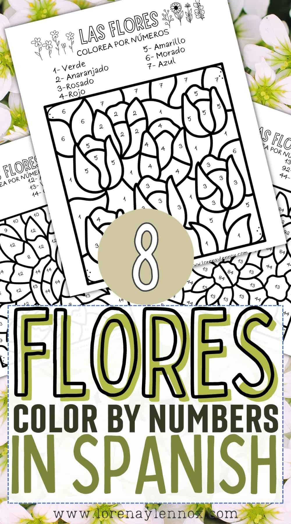 8 Flower Color by Number Pages in Spanish