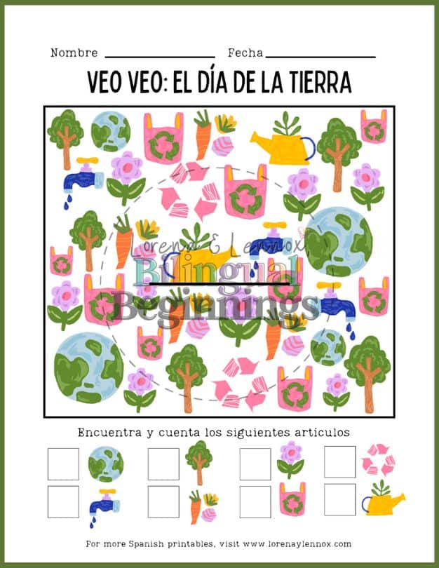 I Spy Earth Day Worksheet in Spanish for Kids