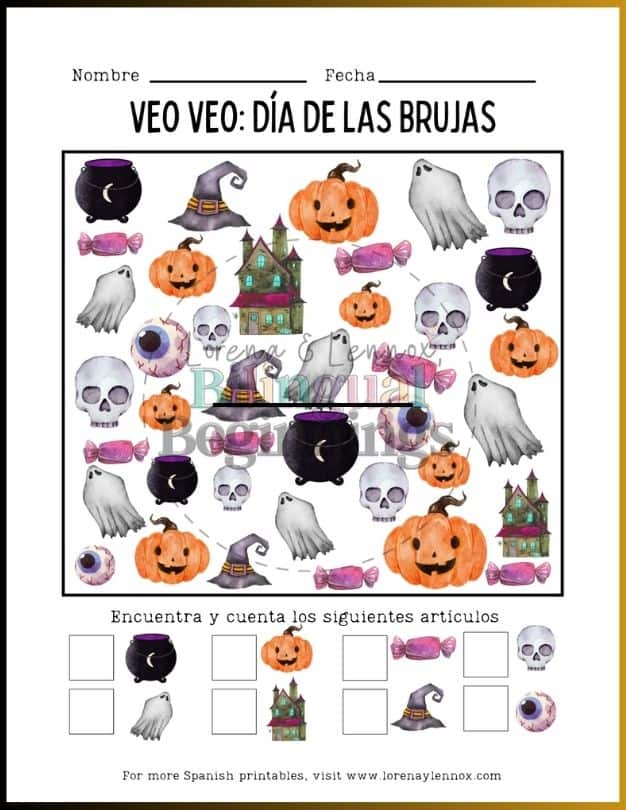I Spy Halloween Worksheet in Spanish for Kids
