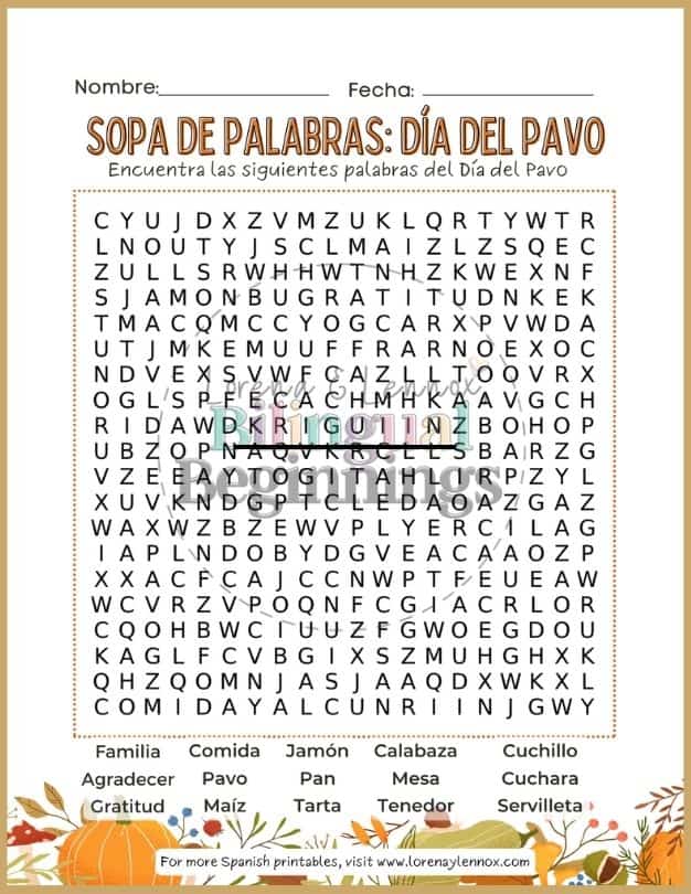 Thanksgiving Word Search Printable in Spanish