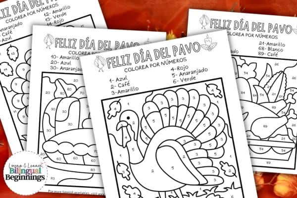Thanksgiving COlor by number pages in Spanish for kids