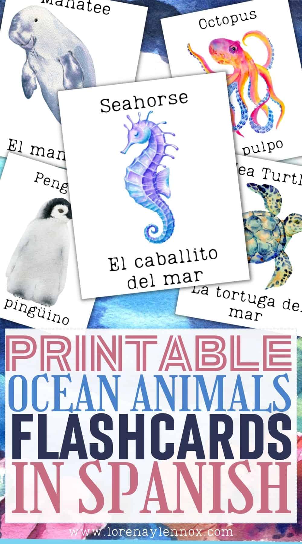Printable Bilingual Ocean Flashcards in Spanish and English