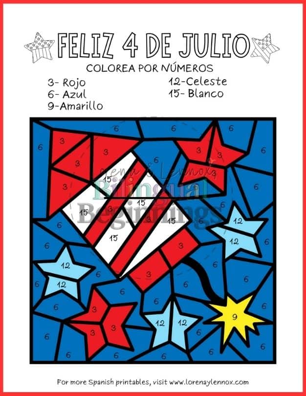4th of July Color by Number Printables in Spanish