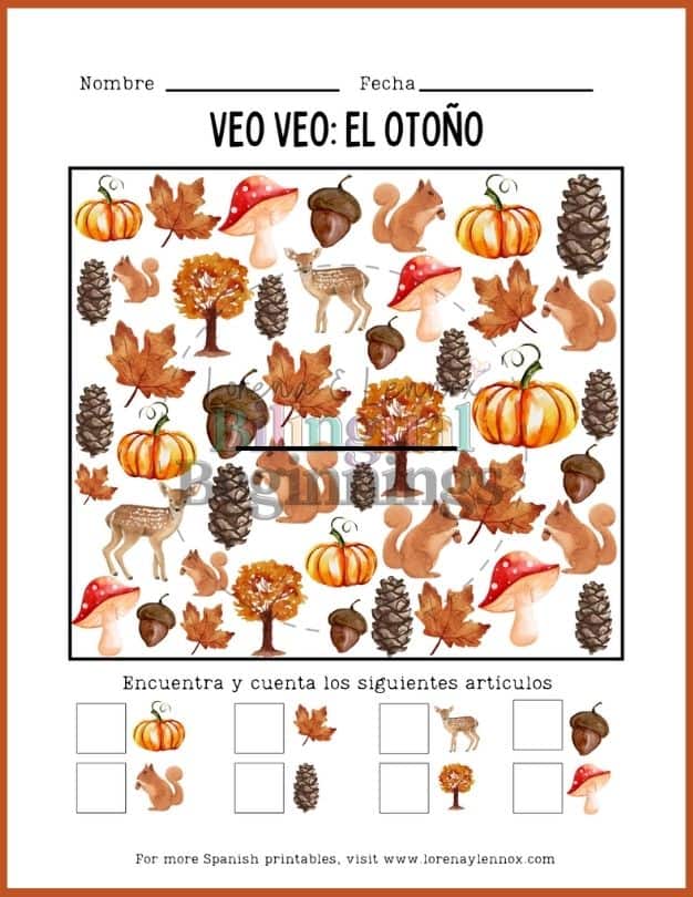 Fall I Spy Printable in Spanish