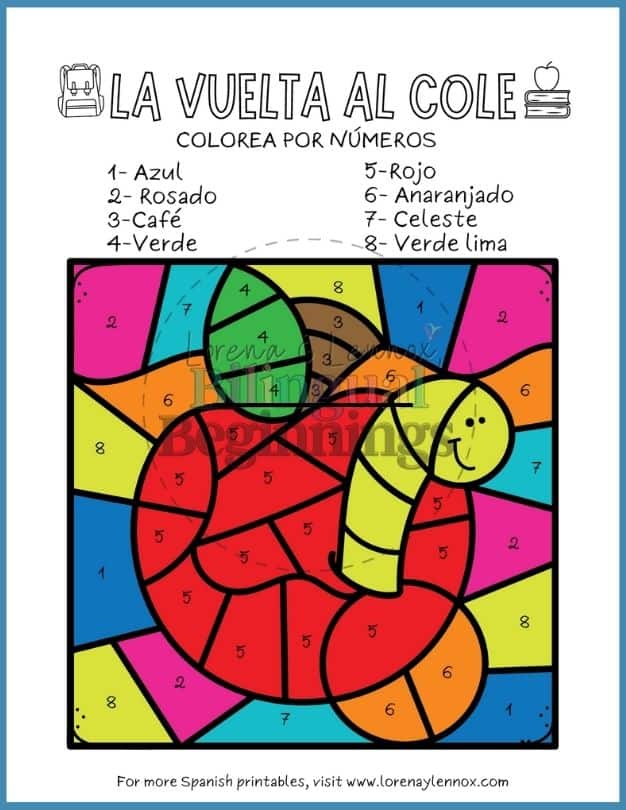 Back-to-School Color by Number Pages in Spanish for Kids