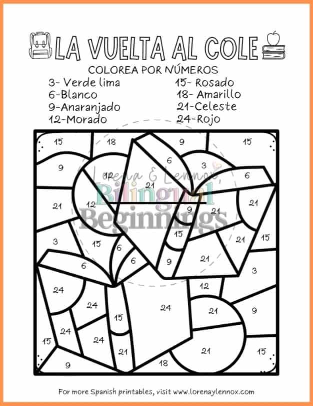 Back-to-School Color by Number Pages in Spanish for Kids