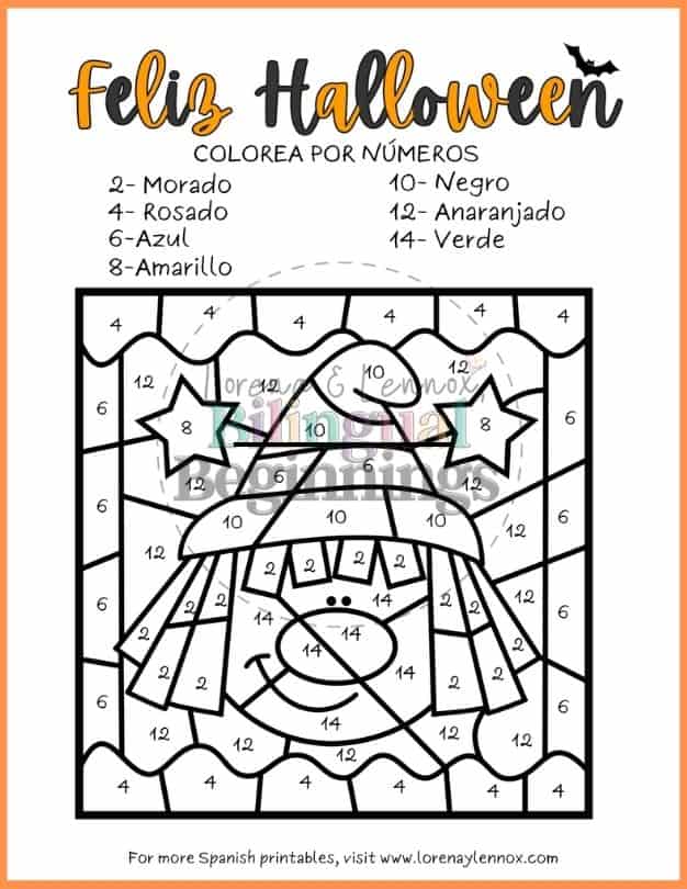 Halloween Color by Number for Kids in Spanish