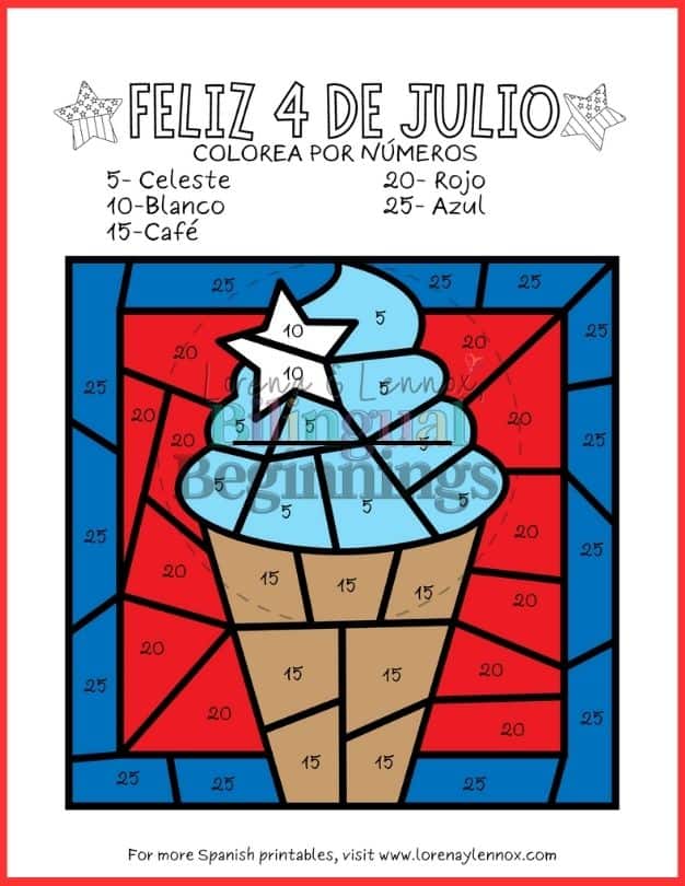 4th of July Color by Number Printables in Spanish