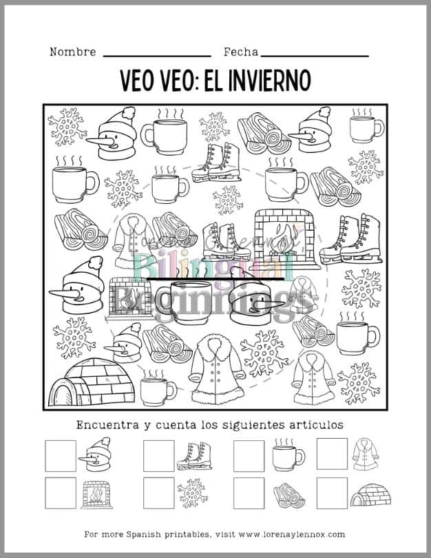 Winter I Spy Printable in Spanish (Free)