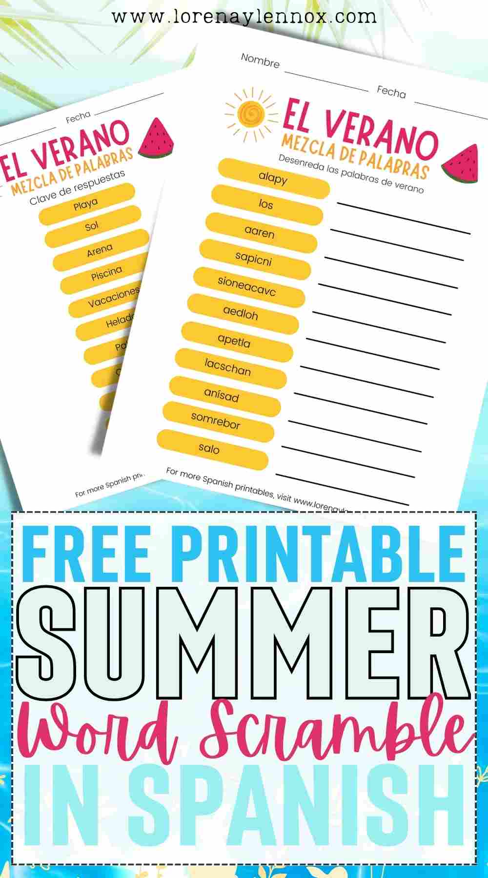 "Have some summer fun with our Spanish word scramble game! Download our free printable of mixed-up words and challenge your mind as you unravel the letters to form summer-related words. Perfect for kids and adults looking to practice their Spanish vocabulary. Enjoy the sun and the fun while playing our summer word scramble game in Spanish!"