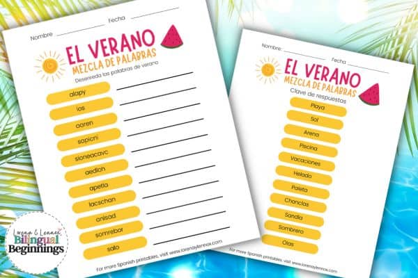 Summer Word Scramble Printable in Spanish