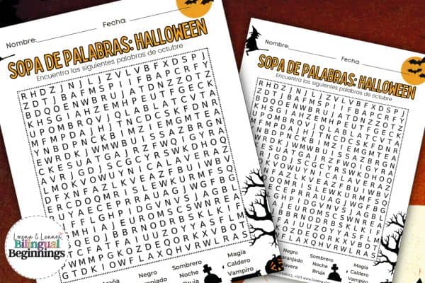 Free printable Halloween word search printable in Spanish for kids