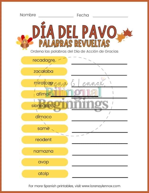 Thanksgiving Word Scramble Printable in Spanish: Answer key