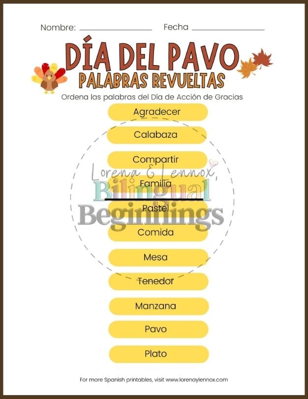 Thanksgiving Word Scramble Printable in Spanish