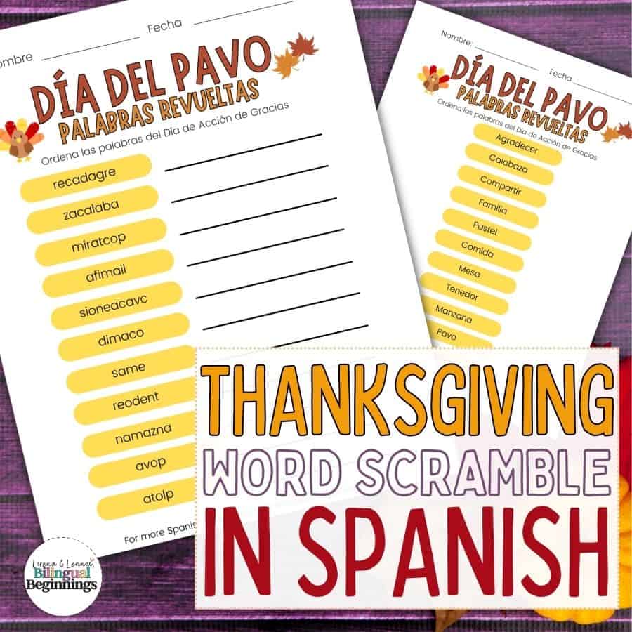 "Get into the Thanksgiving spirit with our Spanish Thanksgiving Word Scramble printable! Challenge your language skills as you unscramble words related to the holiday in this fun and educational activity. Download and print now for a festive and engaging way to celebrate Thanksgiving!"