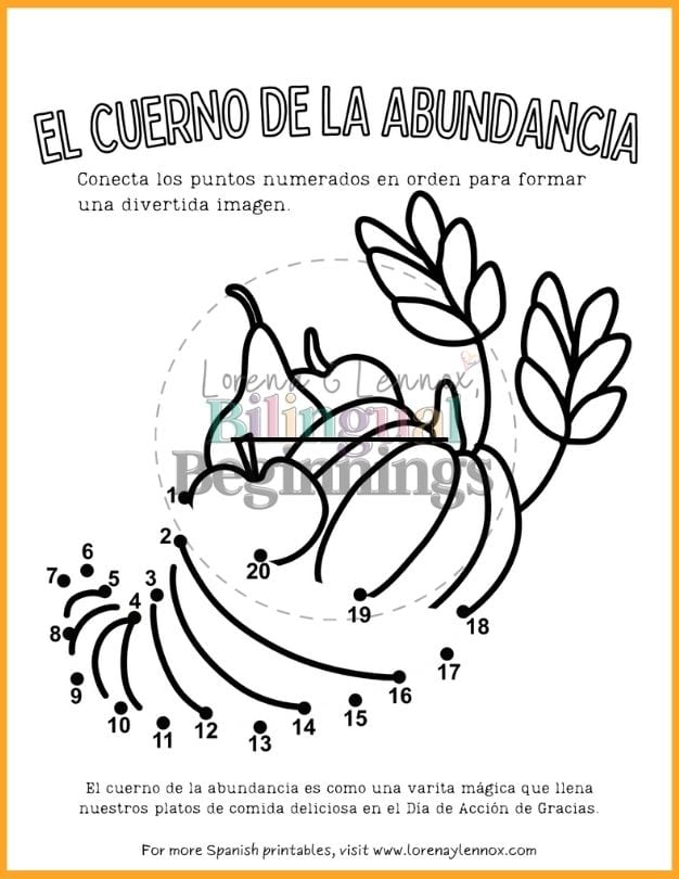 5 Free Printable Thanksgiving dot-to-dot worksheets in Spanish for Kids: El cuerno de la abundancia