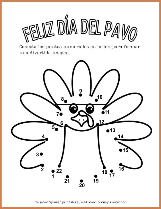 5 Free Printable Thanksgiving dot-to-dot worksheets in Spanish for Kids: Feliz día del pavo