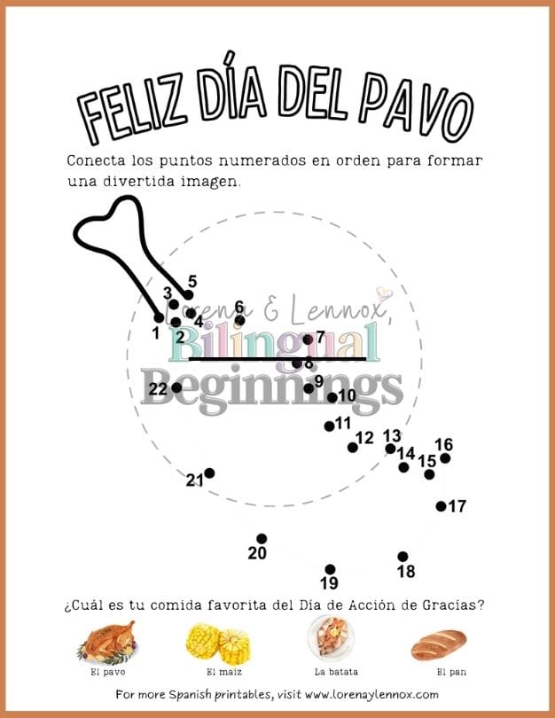 5 Free Printable Thanksgiving dot-to-dot worksheets in Spanish for Kids : Feliz día del pavo