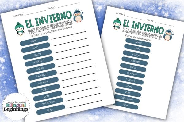 Winter word scramble printable in Spanish for Kids