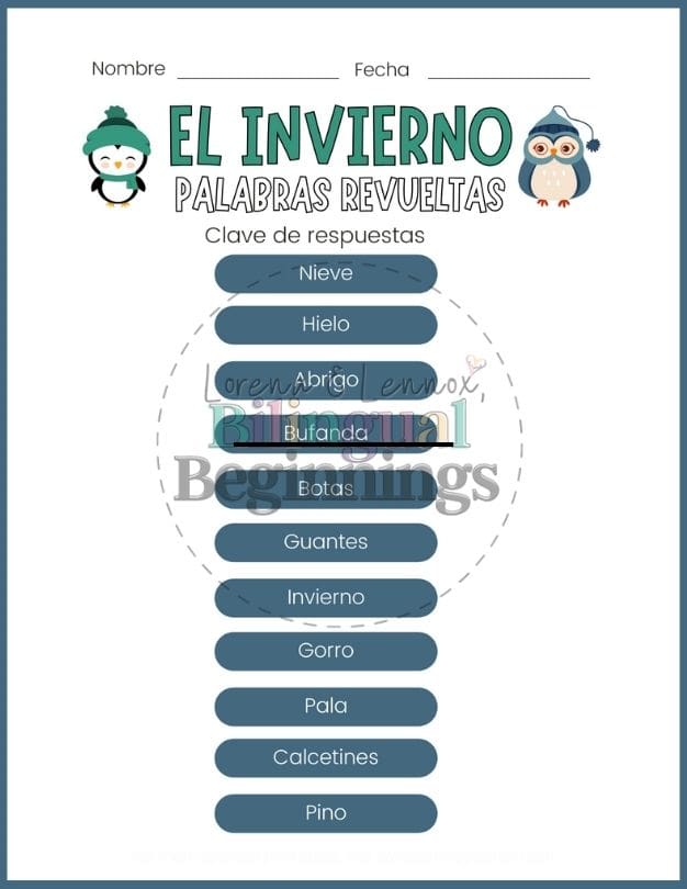 Winter word scramble printable in Spanish for Kids: Answer key
