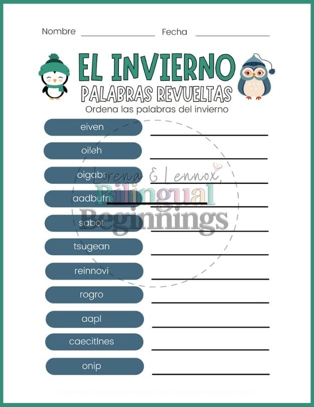 Winter word scramble printable in Spanish for Kids