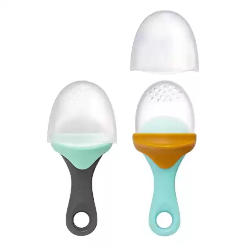 Boon Pulp Silicone Baby Fruit Feeder - Soft Silicone Baby Feeding Set - Fruit and Vegetable Baby Led Weaning Supplies - Baby Feeding Essentials - Blue/Mustard and Gray/Mint - 2 Count