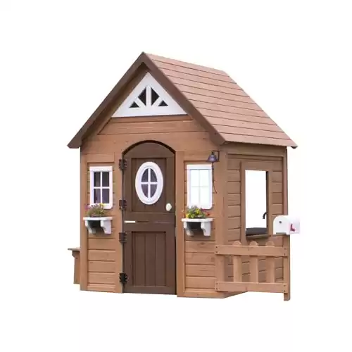 Backyard Discovery Aspen All Cedar Wooden Playhouse, Country Style, Dutch Front Door, Flower Pot Holders, Stove, Sink, Plastic Food, Doorbell, Mailbox, Outdoor Light Attached Picnic Bench